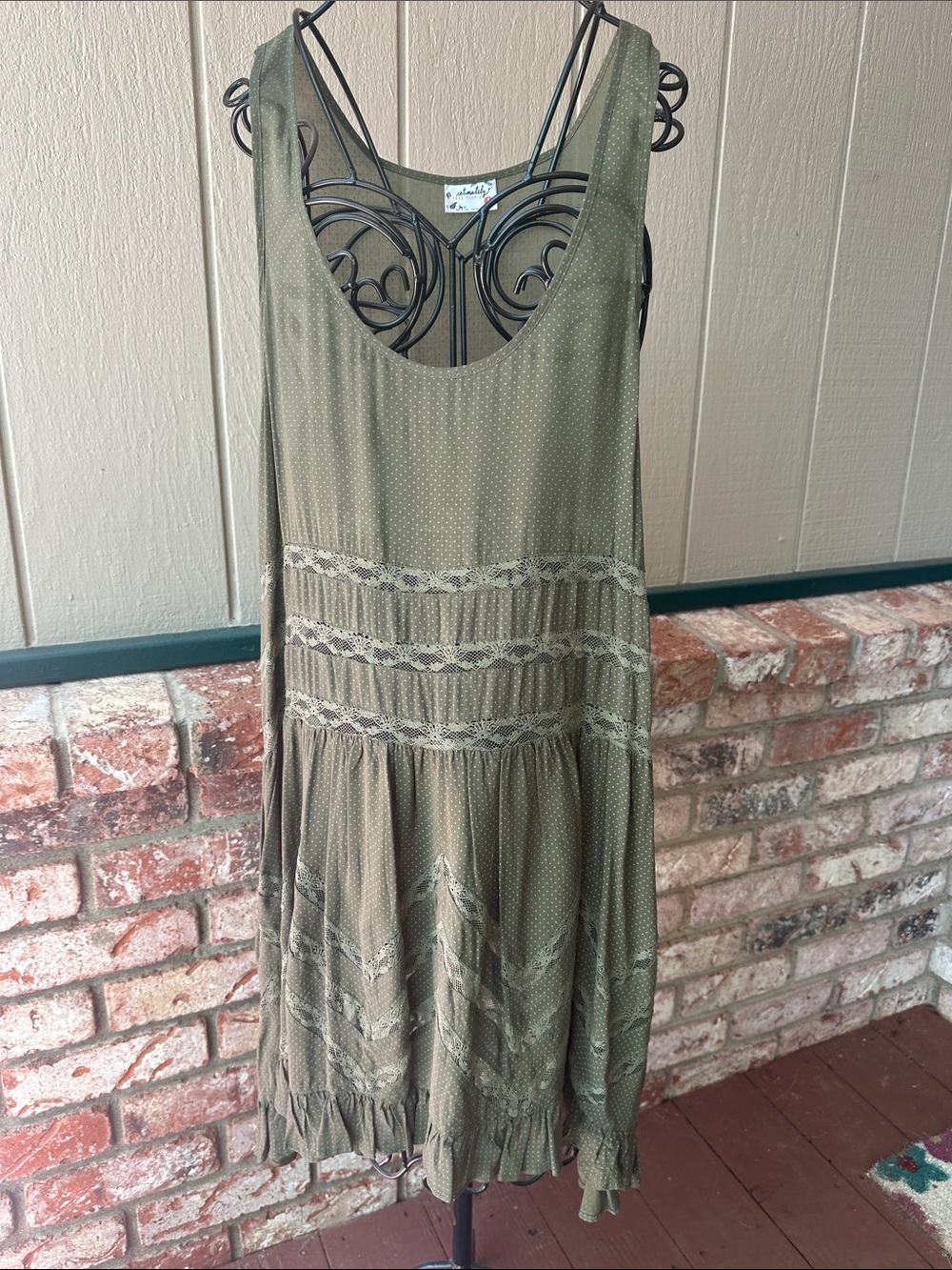 Free People Olive Green Sleeveless Midi Dress with Lace Panels